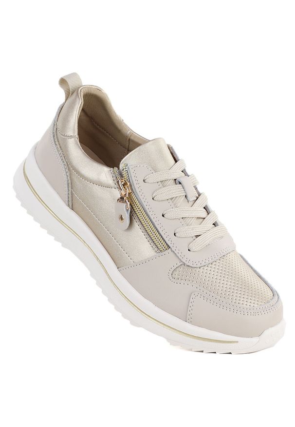 Skórzane półbuty damskie na zmake beżowo złote eVento 9784. Kolor: beżowy, złoty, wielokolorowy. Materiał: skóra