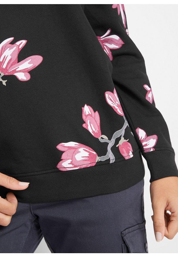 bonprix - Bluza z czystej bawełny, luźniejszy fason. Kolor: czarny. Materiał: bawełna. Wzór: nadruk, kwiaty