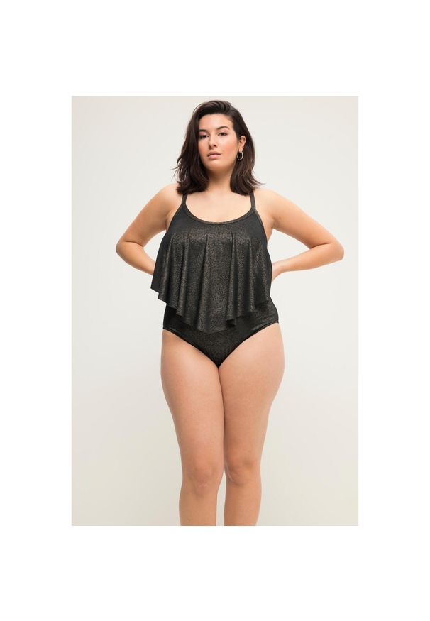 ULLA POPKEN - Damskie Figi od bikini wysoki stan efekt brokatu. Stan: podwyższony. Kolekcja: plus size. Kolor: czarny. Materiał: poliester, materiał, poliamid, włókno, elastan