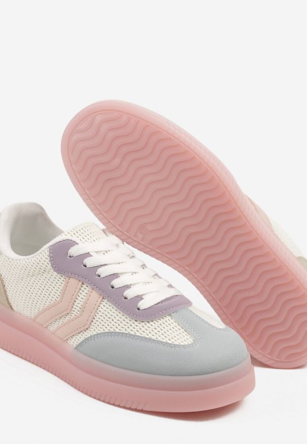 Renee - Różowo-Niebieskie Sneakersy Tenisówki Ozdobione Paskami Falovinia. Okazja: na co dzień. Zapięcie: pasek. Kolor: różowy. Materiał: jeans. Wzór: aplikacja