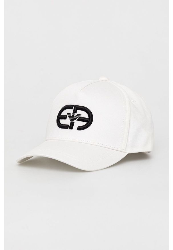 Emporio Armani czapka bawełniana 627866.2R554 kolor biały z aplikacją. Kolor: biały. Materiał: bawełna. Wzór: aplikacja