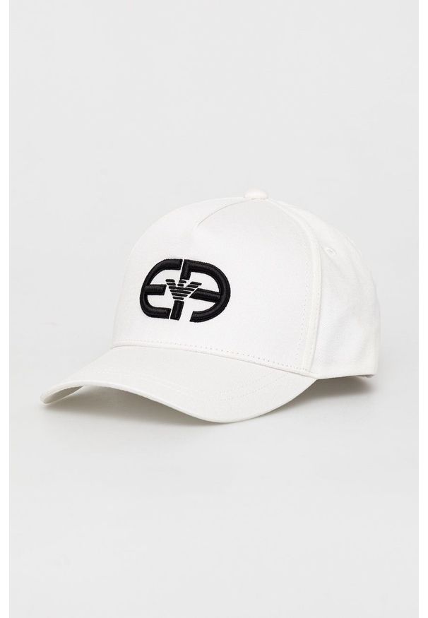 Emporio Armani czapka bawełniana kolor biały z aplikacją. Kolor: biały. Materiał: bawełna. Wzór: aplikacja