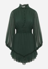 Born2be - Ciemnozielona Rozkloszowana Sukienka z Falbanką Harlin. Kolor: zielony. Długość: mini #8
