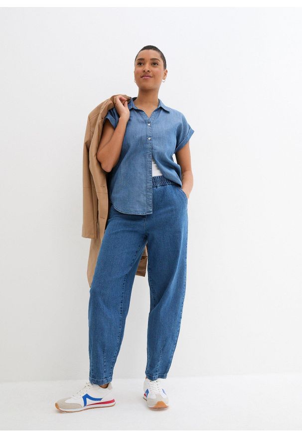 bonprix - Dżinsy Mom, high waist, wygodny pasek. Stan: podwyższony. Kolor: niebieski