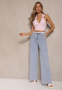 Renee - Jasnoniebieskie Jeansy High Waist Wide Leg z Cyrkoniowymi Zdobieniami Palanirela. Okazja: na co dzień. Stan: podwyższony. Kolor: niebieski. Wzór: aplikacja. Styl: casual, elegancki