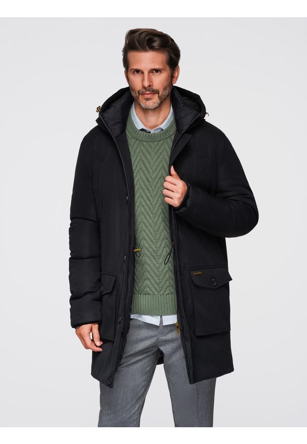 Ombre Clothing - Elegancka parka męska z kieszeniami cargo i kapturem – czarna V1 - Rozmiar: XXL. Kolor: czarny. Materiał: poliester, satyna, materiał, nylon. Wzór: gładki. Styl: elegancki