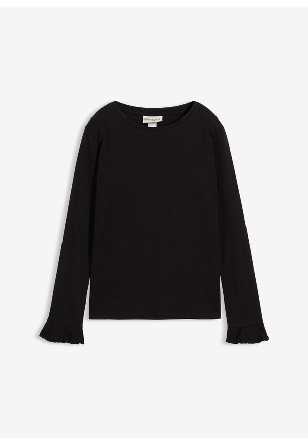 bonprix - Bluzka z długim rękawem z elastycznej mieszanki bawełny organicznej. Typ kołnierza: kołnierz z falbankami. Kolor: czarny. Materiał: bawełna. Długość rękawa: długi rękaw. Długość: długie