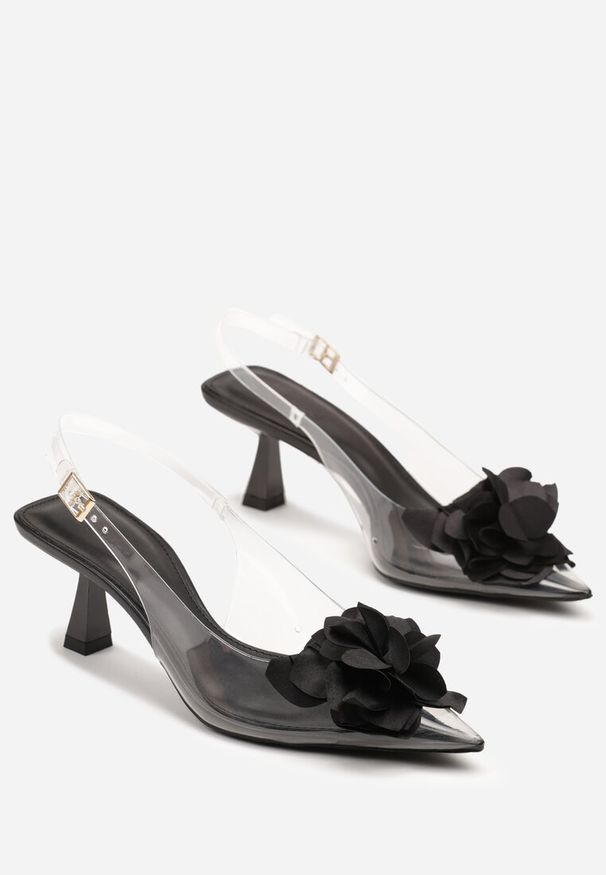 Born2be - Czarne Transparentne Sandały na Kaczuszce z Kwiatem 3D Nalindrel. Zapięcie: sprzączka. Kolor: czarny. Materiał: szyfon. Wzór: kwiaty. Obcas: na szpilce. Styl: klasyczny, elegancki