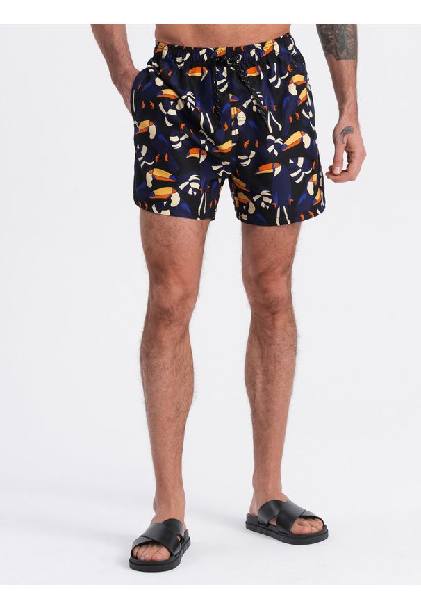 Ombre Clothing - Szorty męskie kąpielówki w tukany - czarno-granatowe V1 - Rozmiar: L. Okazja: na plażę. Kolor: niebieski. Materiał: poliester, materiał