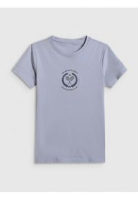 4f - 4F T-shirt slim z nadrukiem damski - niebieski L. Okazja: na co dzień, na spacer. Kolor: niebieski. Materiał: materiał, bawełna, jeans. Wzór: nadruk. Styl: casual #1