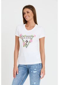 Guess - GUESS Biały t-shirt Floral Triangle Tee. Kolor: biały #5