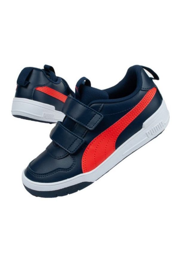 Buty Puma Multiflex Jr 380740 02 czarne granatowe. Zapięcie: rzepy. Kolor: wielokolorowy, czarny, niebieski. Materiał: skóra ekologiczna, materiał, syntetyk. Szerokość cholewki: normalna