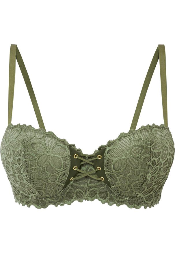 bonprix - Biustonosz balkonetka z delikatnej koronki. Kolor: zielony. Materiał: koronka. Rodzaj stanika: różne sposoby noszenia, wyściełane miseczki. Wzór: koronka