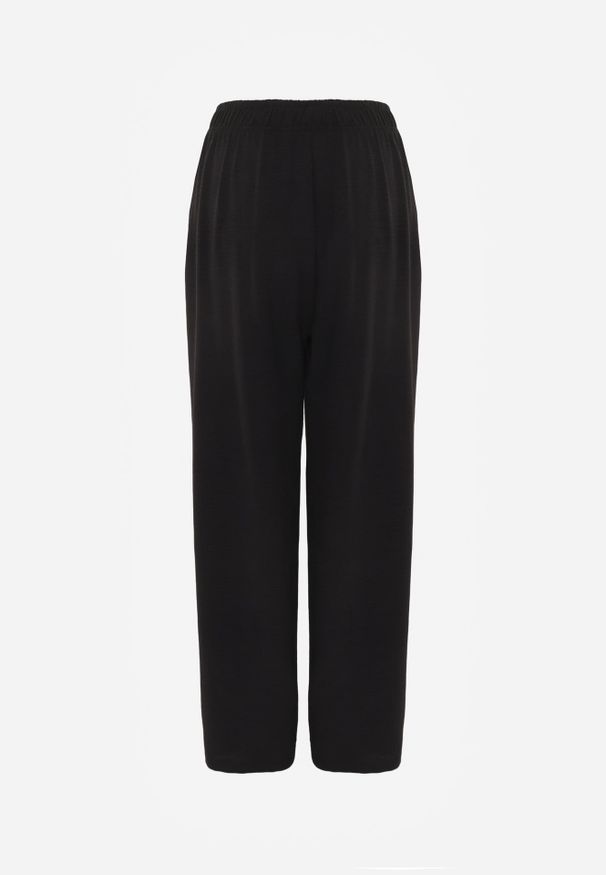 Renee - Czarne Spodnie Casual Wide Leg High Waist Zdobione Klamerką w Talii Cythiopis. Okazja: na co dzień. Stan: podwyższony. Kolekcja: plus size. Kolor: czarny. Długość: krótkie. Wzór: aplikacja. Styl: casual