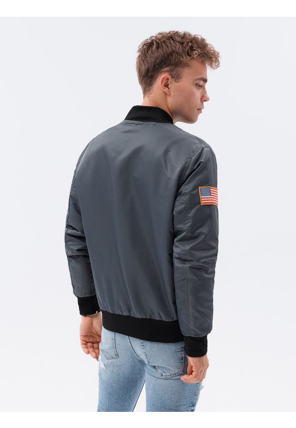Szara kurtka Ombre Clothing w kolorowe wzory, na wiosnę, elegancka, ze stójką