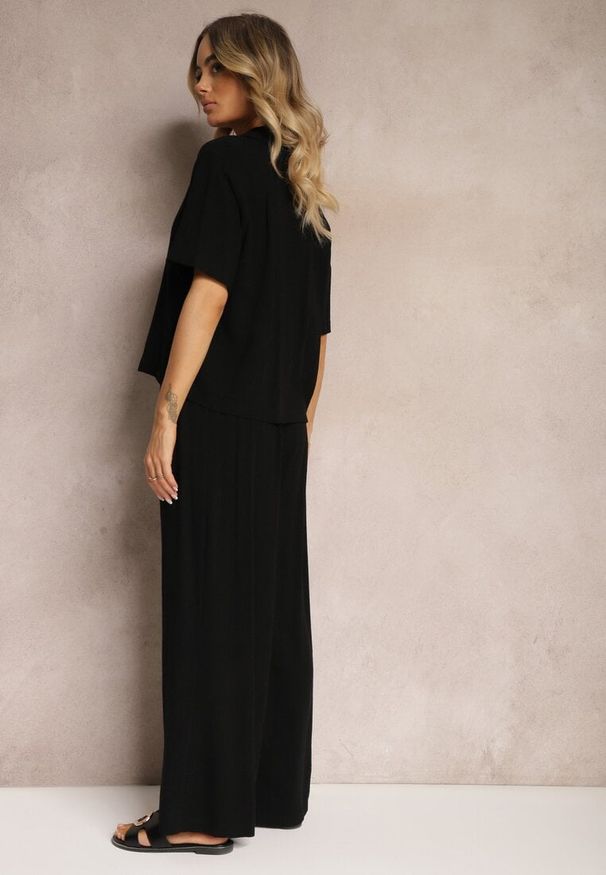 Renee - Czarny Komplet 2-Częściowy Koszula z Krótkim Rękawem Zapinana na Guziki Spodnie Długie Curetta. Kolor: czarny. Materiał: bawełna