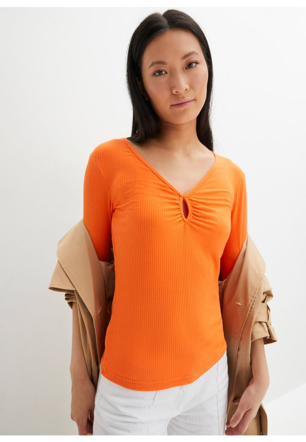bonprix - Shirt w prążek z dekoltem w serek, krótki rękaw. Typ kołnierza: dekolt w serek. Kolor: pomarańczowy. Długość rękawa: krótki rękaw. Długość: krótkie. Wzór: prążki