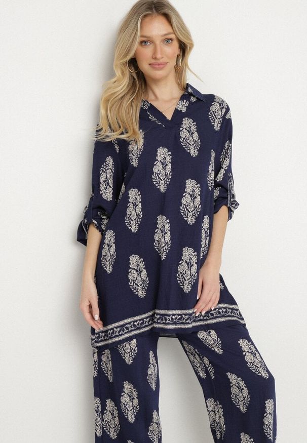 Born2be - Granatowy Komplet w Stylu Boho Oversize Długa Koszula i Luźne Spodnie Meppina. Kolor: niebieski. Materiał: skóra