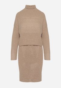 Born2be - Ciemnobeżowy Komplet Dzianinowy z Wełną i Bawełną Golf i Dopasowana Sukienka Reilaia. Kolor: beżowy. Materiał: wełna, bawełna, dzianina. Sport: golf #2