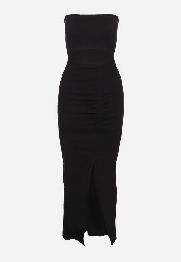 Born2be - Czarna Bawełniana Sukienka Bandeau z Rozcięciem w Talii Vikiriea. Okazja: na imprezę, na plażę. Kolor: czarny. Materiał: bawełna. Sezon: lato. Styl: klasyczny, elegancki