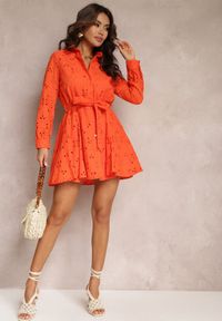 Renee - Pomarańczowa Koszulowa Sukienka Ażurowa z Wiązanym Paskiem Faeyela. Kolor: pomarańczowy. Materiał: materiał. Wzór: ażurowy. Typ sukienki: koszulowe #3