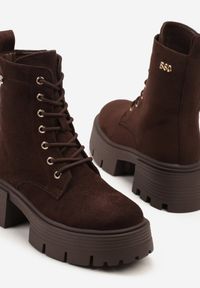 Born2be - Brązowe Sznurowane Botki Workery na Platformie Xaliefra. Nosek buta: okrągły. Zapięcie: sznurówki. Kolor: brązowy. Materiał: jeans, skóra. Obcas: na platformie. Styl: elegancki, rockowy #4