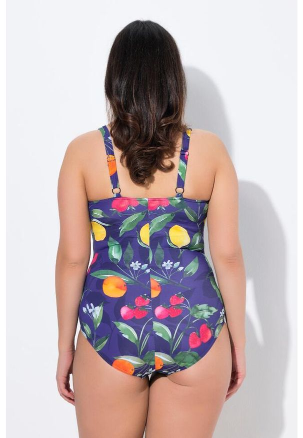 ULLA POPKEN - Damski Kostium kąpielowy owoce miękkie miseczki sznurowanie. Kolekcja: plus size. Kolor: niebieski. Materiał: poliester, elastan, poliamid, materiał