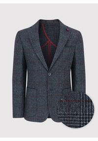 Pako Lorente - PAKO LORENTE – Granatowa marynarka casualowa w bordową kratę. Okazja: na co dzień. Kolor: czerwony, niebieski, wielokolorowy. Materiał: wełna, jeans. Styl: casual
