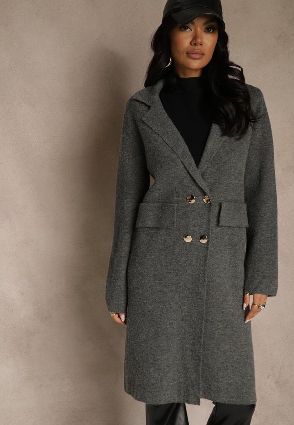 Renee - Szary Płaszcz Dwurzędowy o Długim Kroju w Eleganckim Stylu Saratusa. Okazja: do pracy. Kolor: szary. Materiał: jeans. Długość: długie. Styl: elegancki