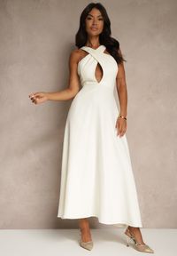 Renee - Żółta Koktajlowa Sukienka z Wiskozą i Dekoltem Halter Dolmanna. Typ kołnierza: dekolt halter. Kolor: żółty. Materiał: wiskoza. Styl: wizytowy