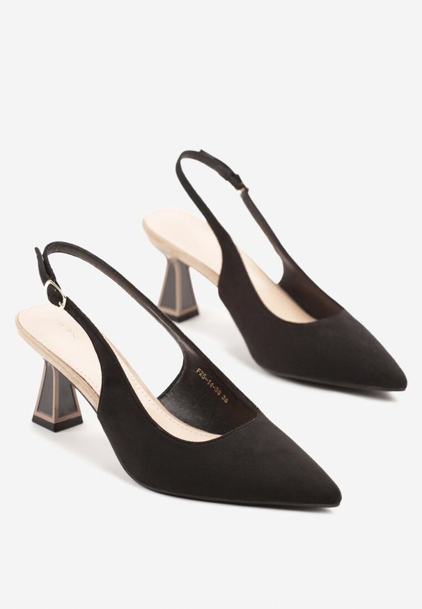 Renee - Czarne Sandały Vices na Kaczuszce Typu Slingback Edilitha. Okazja: na co dzień. Zapięcie: sprzączka. Kolor: czarny. Materiał: koronka. Wzór: aplikacja. Obcas: na szpilce. Styl: casual. Wysokość obcasa: średni