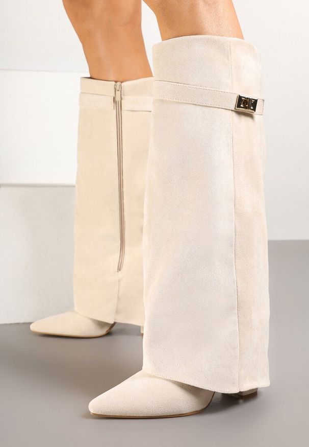 Born2be - Beżowe Kozaki na Słupku z Wywiniętą Cholewką Gafsena. Okazja: na co dzień. Kolor: beżowy. Materiał: jeans. Szerokość cholewki: normalna. Obcas: na słupku. Styl: casual. Wysokość obcasa: średni