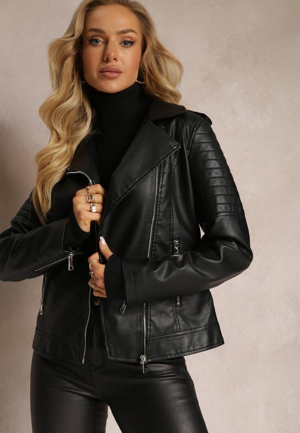 Renee - Czarna Kurtka Ramoneska z Imitacji Skóry Aquisa. Kolor: czarny. Materiał: skóra. Styl: elegancki