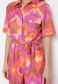 Born2be - Fioletowo-Pomarańczowy Długi Kombinezon Koszulowy z Wiązanym Paskiem i Gumką w Talii Tariony. Kolor: fioletowy. Długość: długie #4