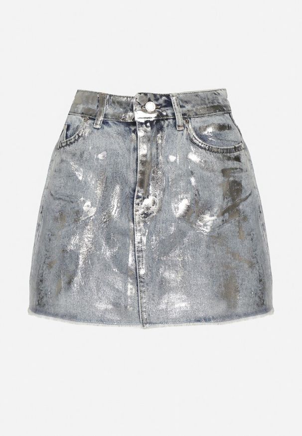 Born2be - Jasnoniebieska Spódnica Jeansowa z Bawełny Zapinana na Suwak i Guzik z Metalicznym Nadrukiem Fieressa. Okazja: na co dzień. Kolor: niebieski. Materiał: jeans, bawełna. Wzór: nadruk. Styl: klasyczny, rockowy, casual