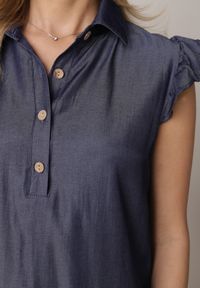 Born2be - Granatowy Komplet z Wiskozą Szerokie Spodnie i Bluzka z Kołnierzykiem Nautiviane. Kolekcja: plus size. Kolor: niebieski. Materiał: wiskoza. Wzór: gładki #5