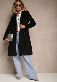 Renee - Czarny Dwurzędowy Płaszcz z Wiskozy z Paskiem w Talii Beluna. Okazja: na co dzień. Kolor: czarny. Materiał: wiskoza. Styl: casual