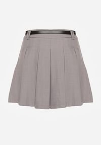 Renee - Szare Spódnico-Spodenki High Waist z Plisowaniem Wykończone Paskiem Eviennes. Okazja: na co dzień. Stan: podwyższony. Kolor: szary. Materiał: jedwab. Styl: casual, klasyczny #4