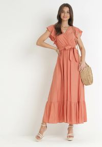 Born2be - Pomarańczowa Rozkloszowana Sukienka z Wiązanym Paskiem Nonru. Kolor: pomarańczowy. Materiał: materiał. Wzór: aplikacja. Styl: wakacyjny. Długość: maxi #2
