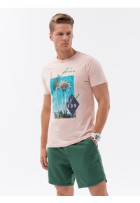 Ombre Clothing - T-shirt męski bawełniany z nadrukiem - różowa V2 S1738 - XXL. Kolor: różowy. Materiał: bawełna. Długość rękawa: krótki rękaw. Długość: krótkie. Wzór: nadruk. Styl: elegancki, klasyczny #3