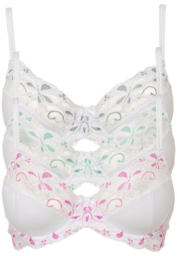 bonprix - Biustonosz na fiszbinach z delikatną koronką (3 szt.). Kolor: biały. Materiał: poliamid, koronka. Wzór: koronka