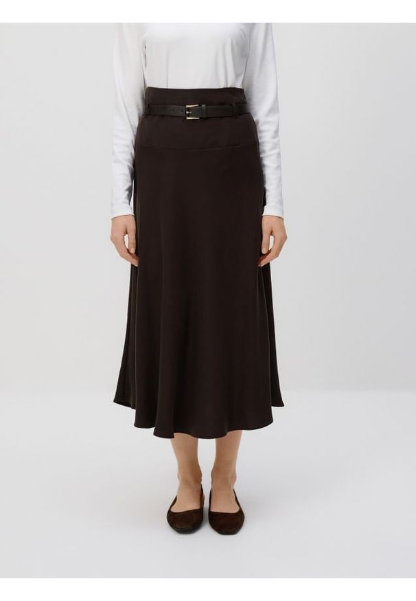 Reserved - Spódnica midi z paskiem - ciemnobrązowy. Kolor: brązowy. Materiał: tkanina, wiskoza
