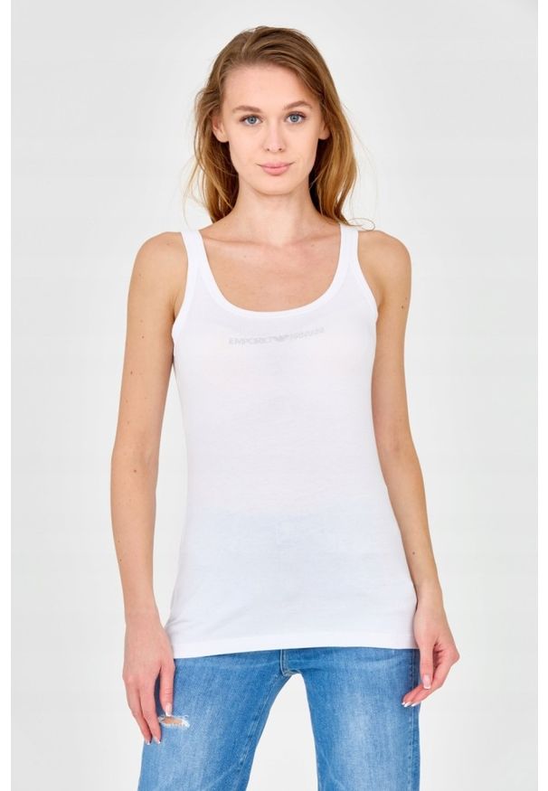 Emporio Armani - EMPORIO ARMANI Biały damski top z dżetowym logo, Rozmiar XL. Kolor: biały. Materiał: bawełna