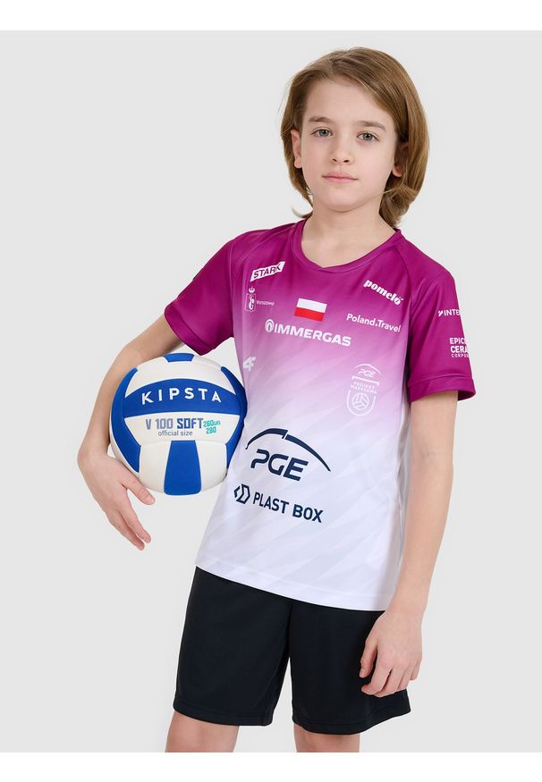 4f - Koszulka meczowa replika domowa Liga Mistrzów CEV z sezonu 2024/2025 dziecięca 4F x Projekt Warszawa - multikolor. Okazja: do domu. Typ kołnierza: dekolt w serek. Kolor: wielokolorowy. Materiał: syntetyk, włókno, dzianina, materiał. Wzór: gładki, nadruk, ze splotem. Styl: sportowy, klasyczny