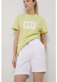 Helly Hansen t-shirt bawełniany kolor granatowy z nadrukiem. Okazja: na co dzień. Kolor: żółty. Materiał: bawełna. Wzór: nadruk. Styl: casual