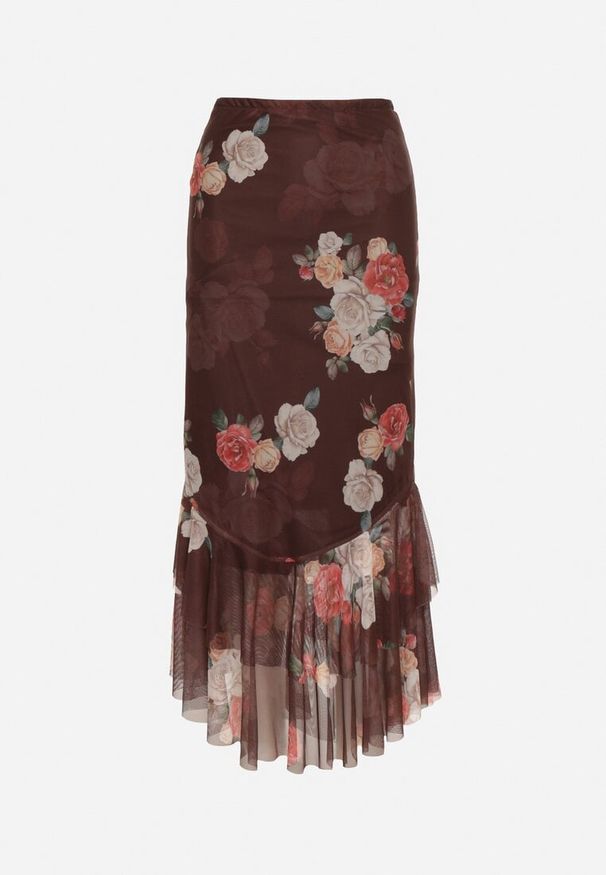 Born2be - Brązowa Spódnica o Dopasowanym Kroju Zdobiona Falbanką Efririsse. Okazja: na co dzień. Kolor: brązowy. Wzór: aplikacja. Styl: casual, klasyczny