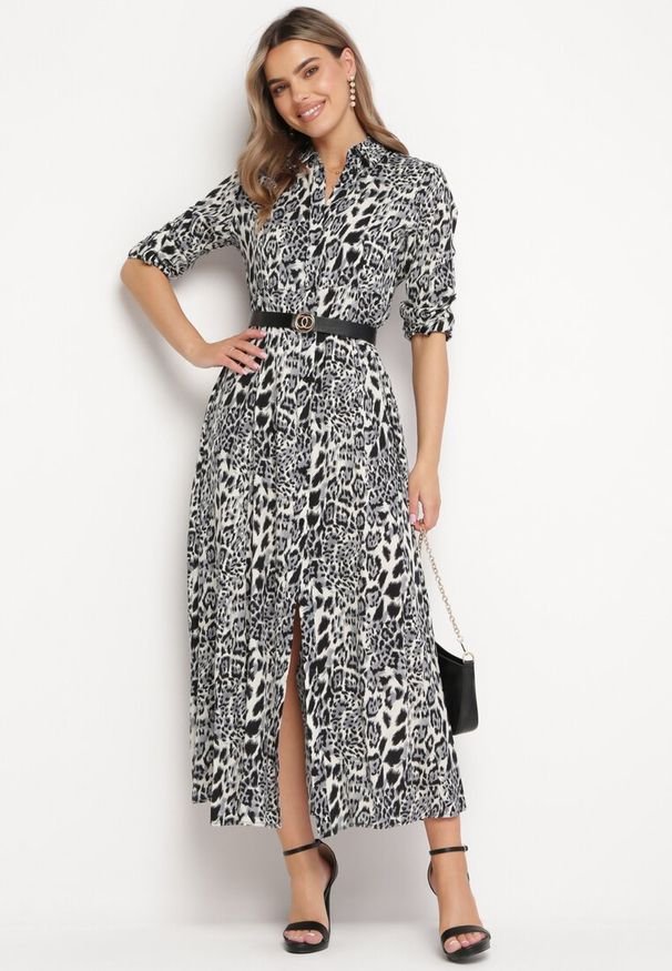 Born2be - Szaro-Granatowa Sukienka Adolia. Kolor: szary. Długość rękawa: długi rękaw. Wzór: motyw zwierzęcy. Typ sukienki: koszulowe. Długość: maxi