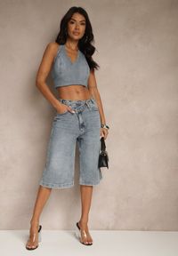 Renee - Niebieskie Asymetryczne Szorty Jeansowe Typu Bermudy Lilista. Okazja: na co dzień, na imprezę, na spacer. Stan: podwyższony. Kolor: niebieski. Materiał: jeans. Długość: długie. Sezon: lato. Styl: elegancki, casual