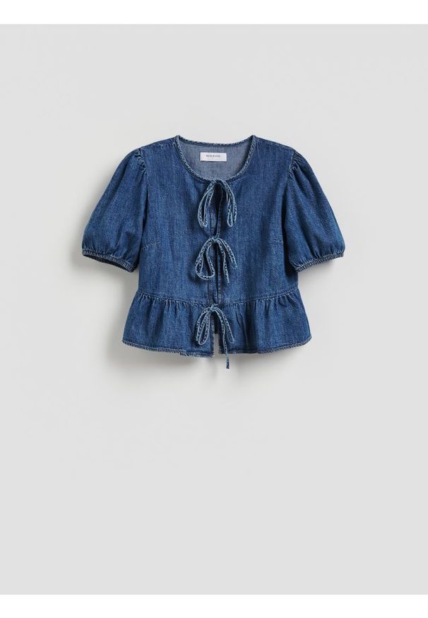Reserved - Bluzka z wiązaniem - niebieski. Kolor: niebieski. Materiał: bawełna