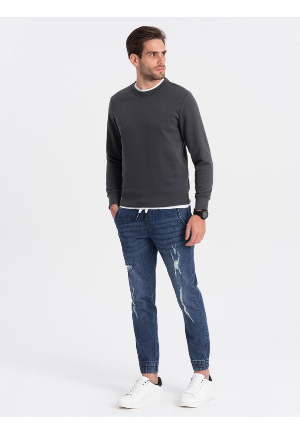Ombre Clothing - Spodnie męskie JOGGERY jeansowe z przetarciami - niebieskie V3 - Rozmiar: XL. Kolor: niebieski. Materiał: jeans